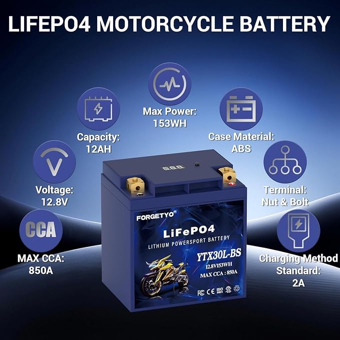 Lithium Motorcycle Battery, Forgetyo YTX30L-BS LiFePO4 Battery, 12V 12AH 850A ATV, UTV, Jet Ski, 4 Wheeler and Lawn Mower Battery