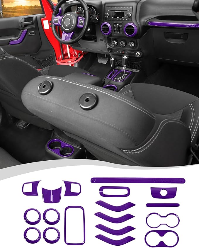 Hoolcar Steering Wheel Cover Gear Shift Panel Trim Cover Water Cup Holder Cover Kit Interior Accessories Kit Fit for Jeep Wrangler JK JKU 2011-2018, 4-Door, Purple