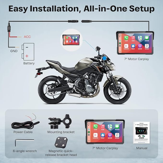 WonVon 7 Inch Wireless Motorcycle Carplay GPS Navigation System with Apple Carplay and Android Auto Portable Screen with Dual Bluetooth, Navigation, Siri, Google Assistant with Magnetic Mount
