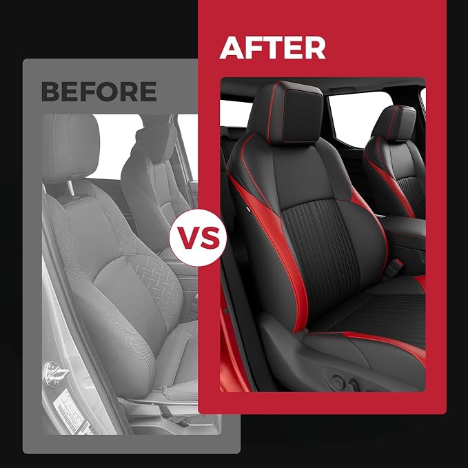 FREESOO Custom Fit Leather Tacoma Seat Covers Full Set Gen 4Th 2024-2026 Double Cab, for Sr/Sr5/Trd Prerunner/TRD Sport/TRD Off-Road/Limited, Seat Covers for Tacoma (5 Seats, BlackRed)