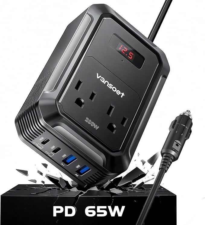 200W Car Power Inverter DC 12V to 110V AC Inverter with PD 65W/30W USB C & 2 QC 18W USB Ports & 2 AC Outlets,Car Pluɡ Adapter Outlet for Laptop/Phone/Road Trip