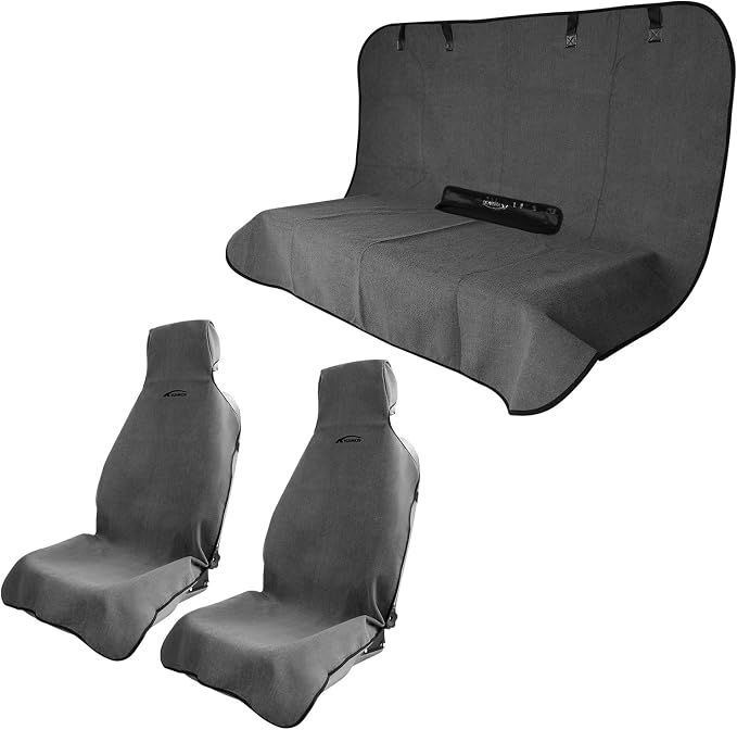 Car Seat Towel Cover Front & Rear Set, Waterproof Sweatproof Non-Slip Seat Protectors – Dual-Layer Microfiber Terry – Universal Fit for Cars, Trucks, SUVs – Embroidered Design (Gray, 3-Pack)