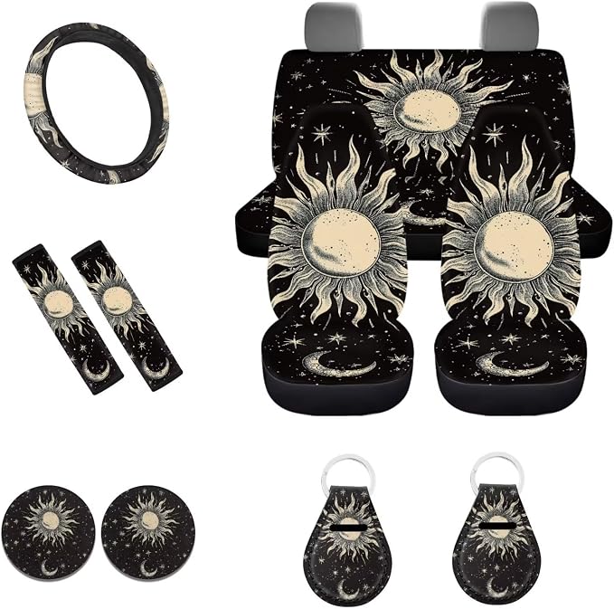 POLERO Sun Moon Star Seat Covers for Cars Vintage Interior Accessories Set 11Pcs Auto Steering Wheel Cover Seat Belt Pads Drink Coasters Cute Keychains