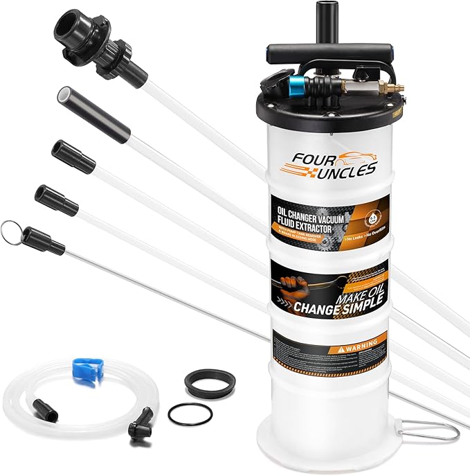 FOUR UNCLES Oil Extractor - Vacumm Fluid Extractor with Pump Tank Remover & Tubes for Oil Change and a Hose for Brake Bleeding