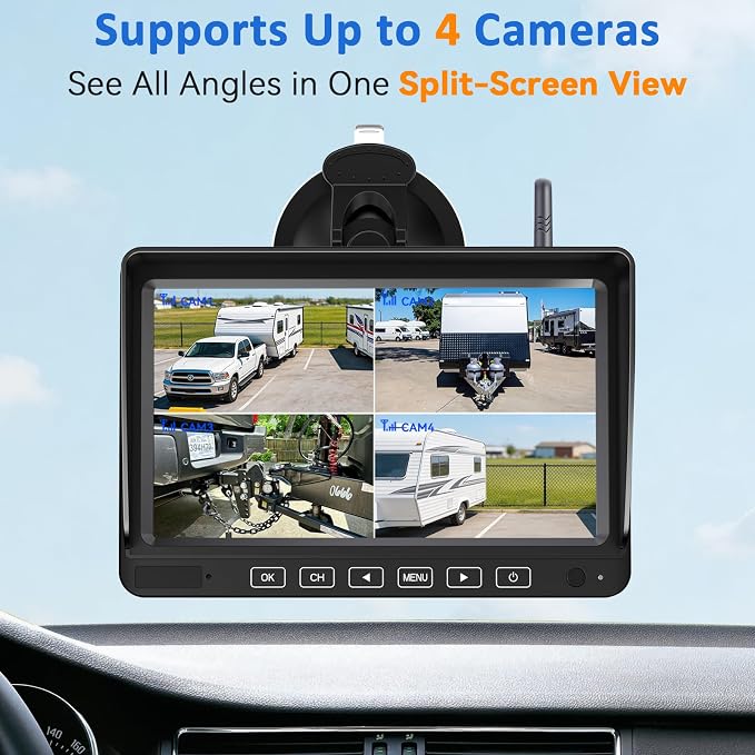 HD 1080P RV Backup Camera Wireless Easy Install: Plug and Play 7'' DVR 4-Channels Split Screen for Furrion Pre-Wired RVs System - AI Motion Detection Rear View Camera Clear Night Vision to 32ft