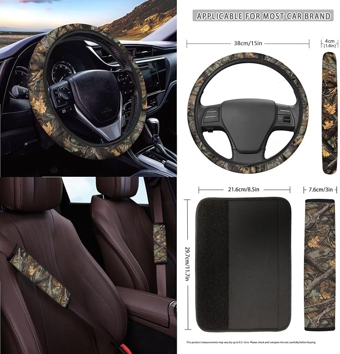 Wanyint Camo Hunting Forest Car Seat Cover Split Covers for Women Men, Steering Wheel Cover Seat Belt Strap Pad Trash Bag Mount Phone Holder Rearview Mirror Accessories Cup Holder Key Chain, 15 PCS