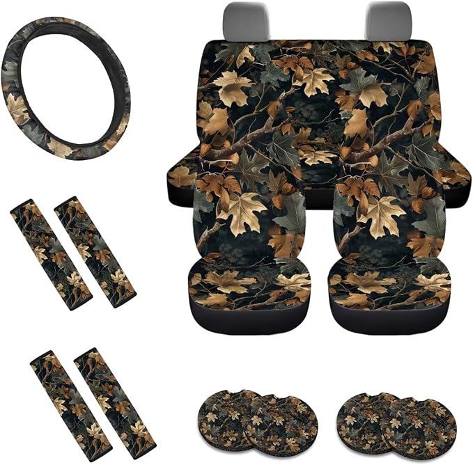 Hunting Camo Pattern Women’s 13 Pieces Car Accessories, 4 PCS Auto Seat Covers with Elastic Backing, 1 Piece Steering Wheel Cover, 4 Safe Belt Pads, 4 Cup Coasters as Gift for Family Friend