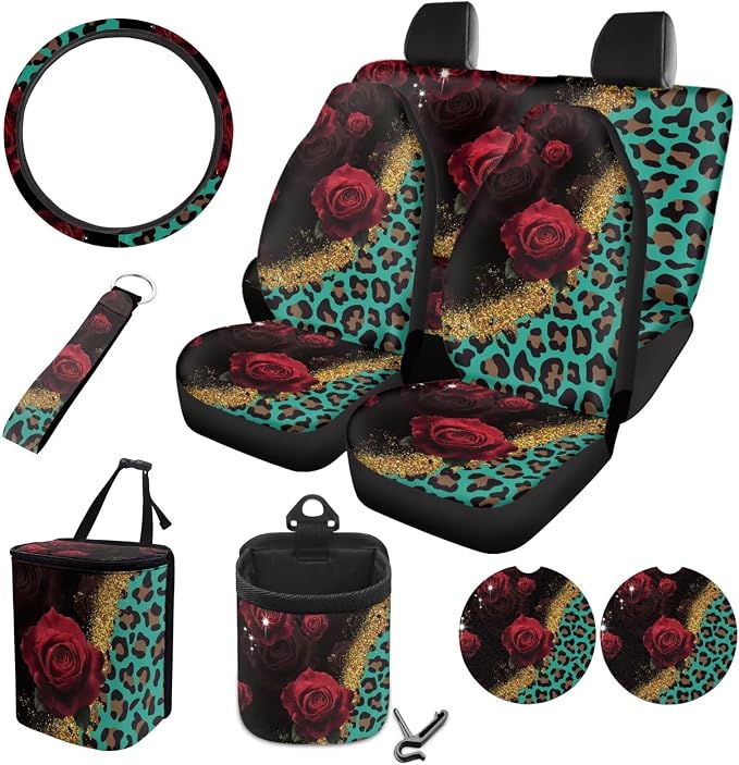 Rose Leopard Pattern Car Accessories Sets 10 Pack Elastic Front Rear Bench Bucket Seat Cover Steering Wheel Cover Car Trash Can Auto Air Vent Storage Coaster and Keychain