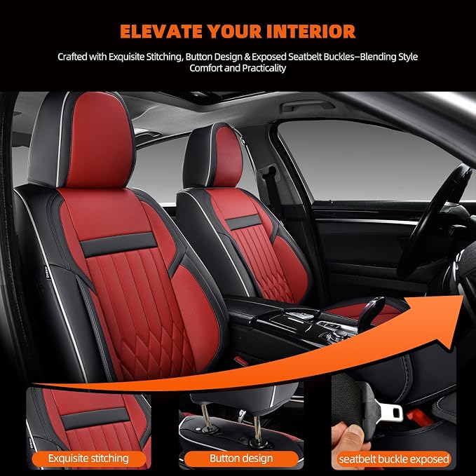 2-Seater Waterproof and Breathable Nappa Leather Car Seat Covers Full Set, Fit for Front Seats of Cars, Compatible with Airbags, Car Seat Protector Covers for Most Cars - Black Red