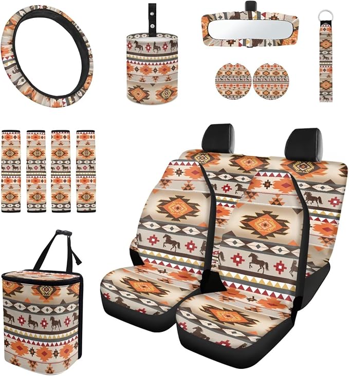 Southwest Print Car Seat Covers Set of 15 with Universal Steering Wheel Cover, Rearview Mirror Cover, Car Trash Can, Seatbelt Pads, Cup Holder Coasters, Keychains