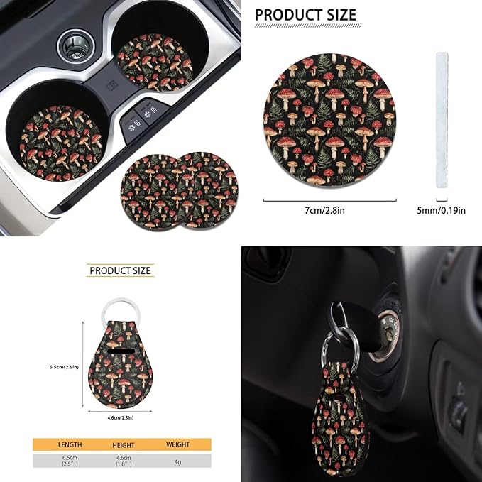 Hippie Mushroom Car Seat Cover for Women 12Pcs Cottagecore Mushroom Steering Wheel Cover Seatbelt Pads Armrest Pad Mushrooms Coaster Keychain Universal Fit