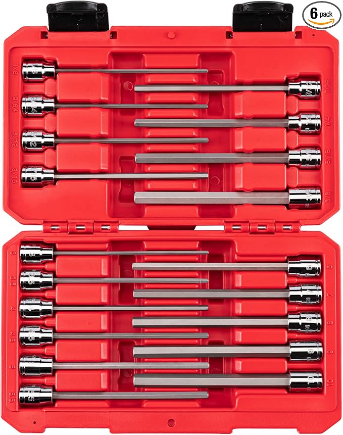 TEKTON 3/8 Inch Drive Long Hex Bit Socket Set with Case, 19-Piece (1/8-3/8 in., 3-10 mm) | SHB91315 (Pack of 6)