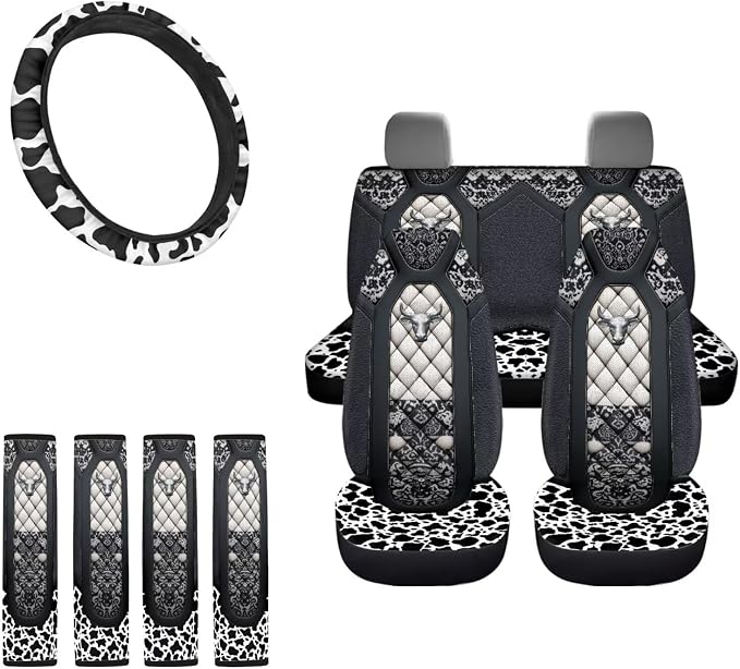 Highland Cattle Print Car Seat Covers Cow Print Steering Wheel Cover Non Slip Seatbelt Covers Set of 4, Universal Auto Seat Protector for Most Vehicles, Black