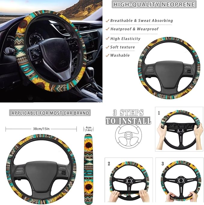 Dreaweet Sunflower Aztec Seat Covers for Cars,Green Car Seat Covers Full Set with Steering Wheel Cover/Armrest Cover/Seatbelt Covers/Car Coasters/Gear Shift Cover/Handbrake Cover,12 Pcs Set