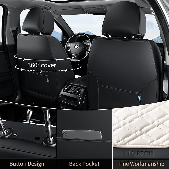 FLORICH Seat Covers, Atomutive Car Seat Covers Full Sets, Waterproof Seat Cover for Cars, Luxury Leather Universal Seat Cover Accessories Fit for Most Cars SUV Truck Sedans(White)