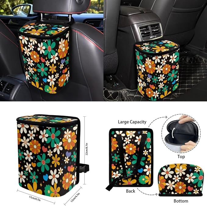 15 Pcs Hippie Flower Car Seat Cover Full Set for Women with Car Steering Wheel Cover Seat Belt Cover Trash Bin Front Rear View Mirror Car Cup Holder Keychain
