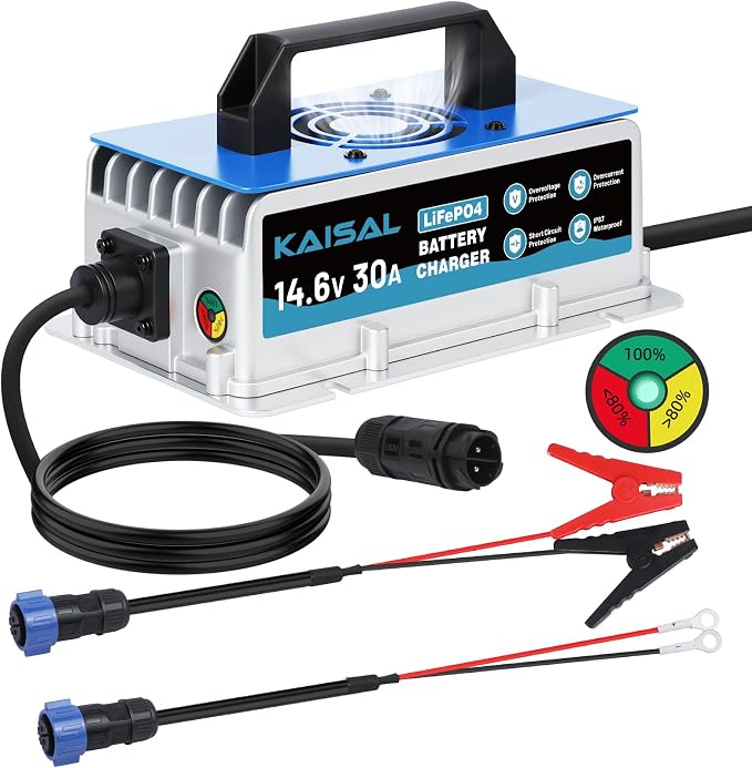 12V 30A Lithium Battery Charger 14.6V LiFePO4 Battery Charger IP67 Waterproof & 0V Wake Up 12 Volt Lithium Charger with 2 Connectors, 8 Protections for 12.8V LiFePO4 Battery of RV, Boat, Solar, Marine