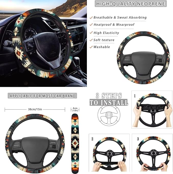 Dreaweet Aztec Car Seat Covers Full Set,Native American Geometric Car Deocr Set of 12,Universal Steering Wheel Cover with Center Console Cover,Cup Coasters,Seatbelt Covers,Gear Shift Handbrake Cover