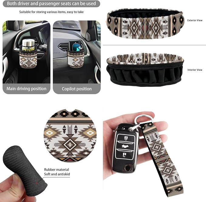 Dreaweet Navajo Seat Covers for Cars Full Set Southwestern Geometric Tribal Steering Wheel Cover Seat Belt Pads Trash Bag Vent Storage Pouch Rear View Mirror Cover Car Coasters Keychain 15 Pcs Set