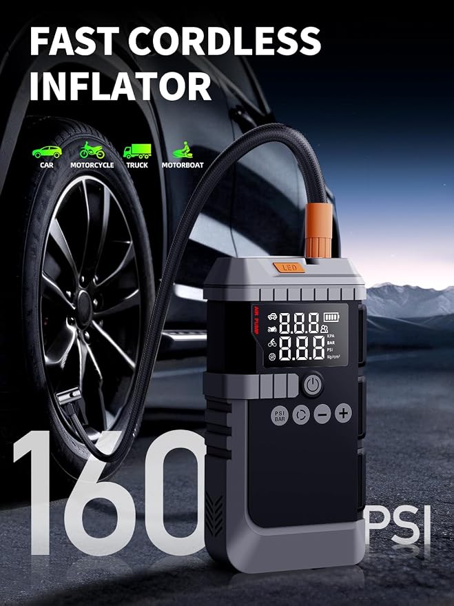 Portable Car Battery Jump Starter with Air Compressor, 6000A Car Battery Booster (All Gas/12L Diesel) with 45W Fast Charge, 160PSI Auto-Shut Off Tire Inflator,LED Light, Jumper Cables,Golves