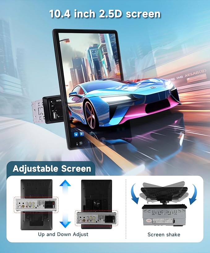 10.4 Inch Single Din Car Radio, Wireless CarPlay Android Auto, 1 Din 2.5D Detachable Touchscreen Car Stereo, Bluetooth FM EQ USB SWC, Support Mirror Link & Backup Camera