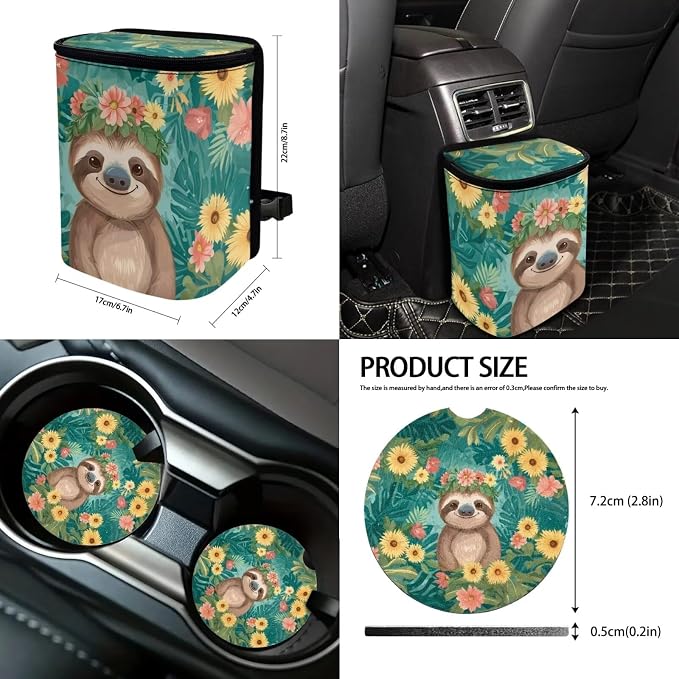 Suobstales Cute Sloth Print Car Accessories Car Seats Cover Protector, Flower Leaf Steering Wheel Covers, Seatbelt Cover, Car Trash Can, Cup Coasters, Rearview Mirror Cover, Keychains, Pack of 13