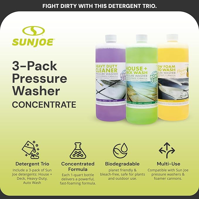 Sun Joe 3-Pack Pressure Washer Concentrate, Multi-Scent, 1 Gal Each – House & Deck Wash, Snow Foam Auto Wash, All-Purpose Cleaner – For Home, Garage, Driveway, Outdoor, SPX-ASST3Q