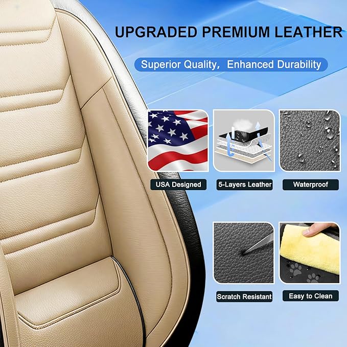 Fit Encore GX Car Seat Covers for Select Buick Encore GX 2020-2025 2026 - Full Coverage Leather, Airbag Compatible, Waterproof & All Weather Seat Cushion Protector, Front Pair Black+Beige