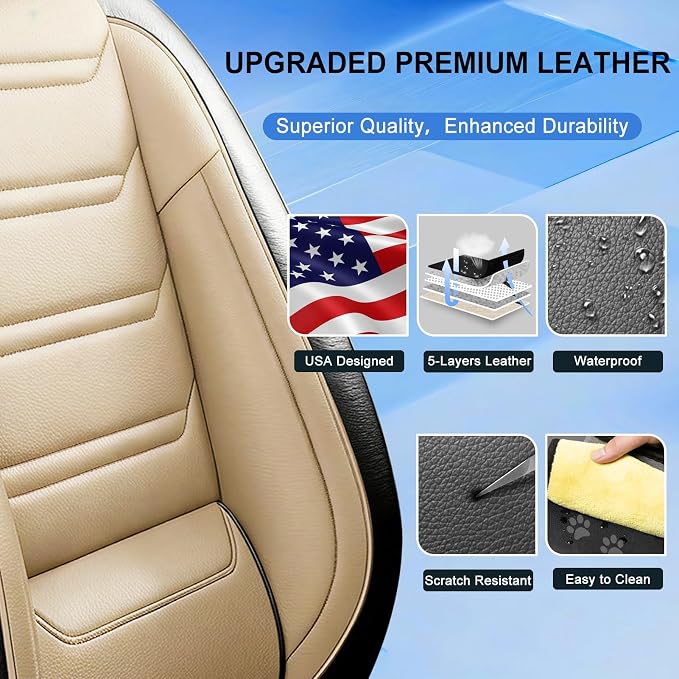 Fit SRX Car Seat Covers for Select Cadillac SRX 2010-2016, Premium Full Coverage Leather, Airbag Compatible & Scratch-Resistant, Waterproof & All Weather Seat Protector, Front Pair Black+Beige