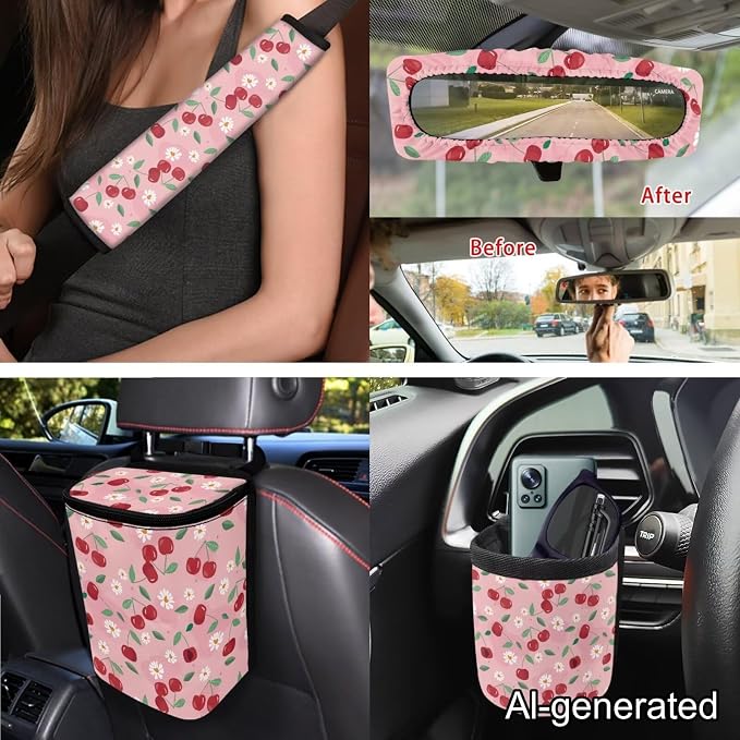 Dreaweet Pink Car Seat Covers Full Set for Women Cute Cherry Car Accessories with Steering Wheel Cover Seatbelt Covers Car Coasters Trash Bag Air Vent Storage Bag Rearview Mirror Cover Keychain,15 Pcs