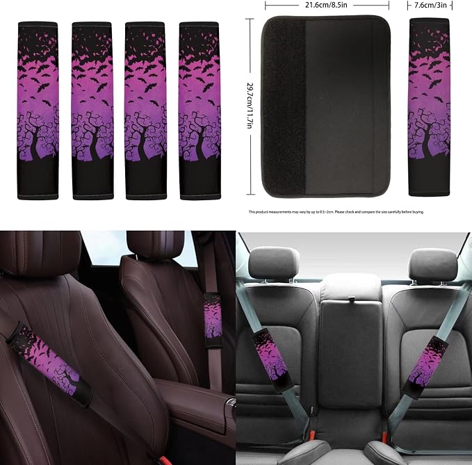 18 Pc Gothic Bat Car Seat Cover Set - Universal, Armrest, Steering Wheel, Seat Belt, Cup Coaster, Handbrake & Keychain - Purple