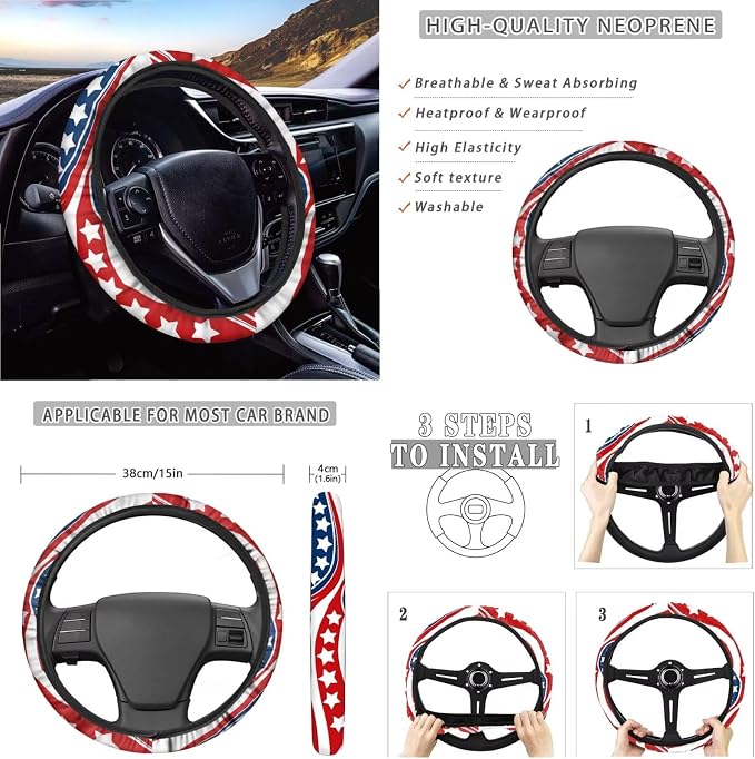 American Flag Print Full Set Car Seat Covers with Steering Wheel Cover Armrest Cushion Safety Belt Pads Car Rearview Mirror Cover Gear Shift Knob and Handbrake Covers Trash Bag