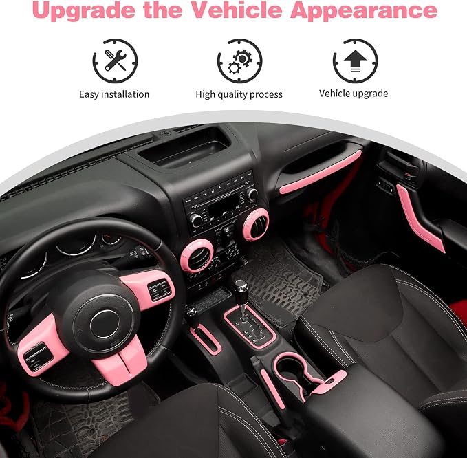 CheroCar 18PCS Interior Trim Kit for Jeep Wrangler JK JKU 2011-2018 4 Door,Steering Button Frame, Air Conditioning Vent Trim Cup Holder Cover,Gear Shift Knobs Frame,Pink…