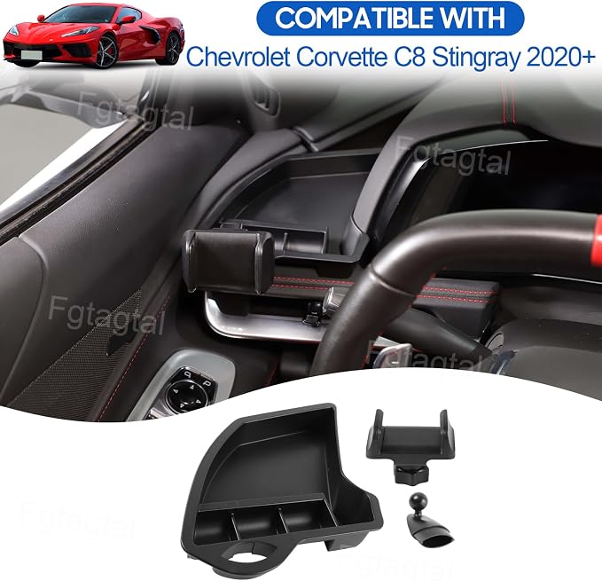 Center Console Multi-Mount Phone Holder Storage Box Compatible with Chevrolet Corvette C8 2020-2025, Dashboard Left Side Storage Tray Organizer, Clamping Arms Holder