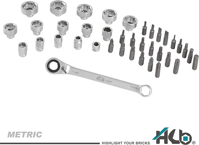 HB Pass Thru 120-Tooth Low Profile Ratchet Wrench Set 38 Piece Non Slip Sockets for Rounded or Standard Bolts with Star Bits Chrome Vanadium Steel Portable EVA Case Made in Taiwan AGM025-G