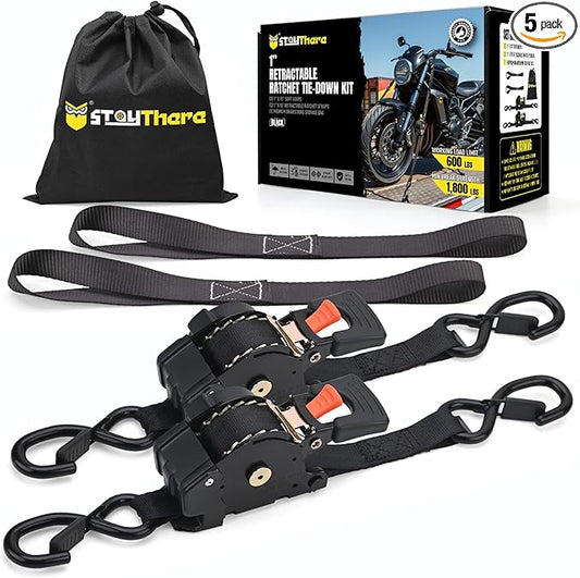 Stay There Retractable Ratchet Straps (2-Pack) - 1 Inch x 10 Feet (1800lb Break Strength) - Heavy Duty Auto Self Retracting Tie Down Straps for Truck, Cargo Trailer, Motorcycle & More - Black