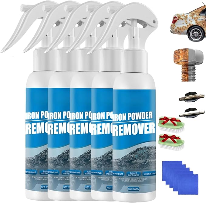 Iron Powder Remover Spray, Portable Heavy Duty Rust Remover for Metal Sprays Fast-Acting Oxidation Remover, Multi-functional Quick-Acting Rust Removal Spray for Metal, Bikes, Tools, Furniture (5pcs)