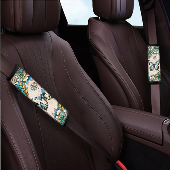 BIGCARJOB Boho Lotus Print Car seat Covers Set 12 Pack Cute Butterfly Print Car Interior Accessories Universal Center Console Armrest Pads,Coaster,Universal Steering Wheel Covers,Seat Belt Cover