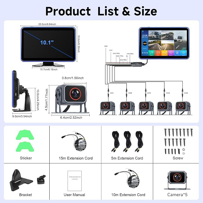 5 Channel Touchscreen Backup Camera Monitor for Truck/RV/Semi Trailer/Van/Cars, 10.1 Inch HD Night Vision Backup System, Music & Video Blind Spot Warning Loop Record Waterproof Reverse Cameras