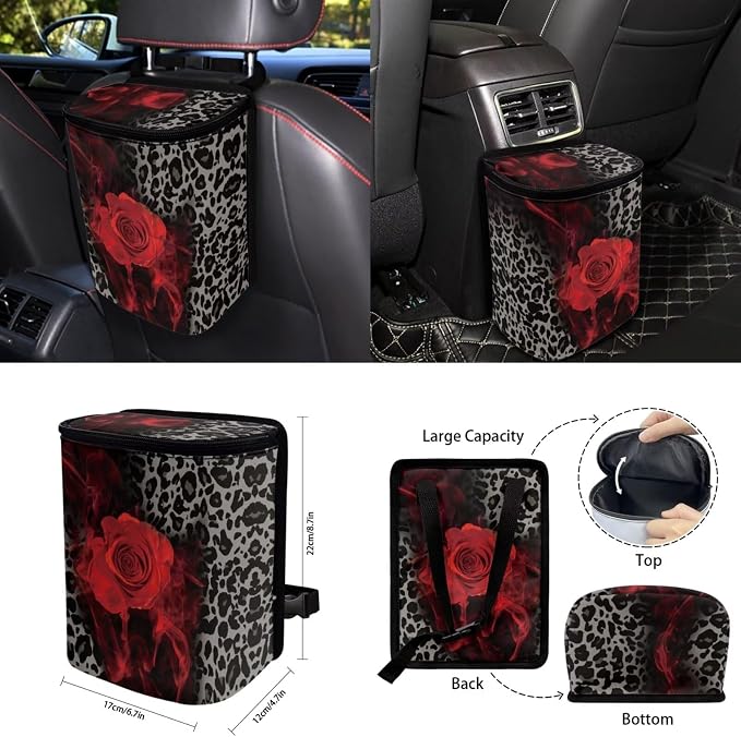 15 Pcs Black Leopard Car Seat Covers Full Set for Women Goth Rose Car Accessories Interior Car Steering Wheel Cover Seatbelt Covers Trash Bin Rear View Mirror Cover Cup Holders Keychain