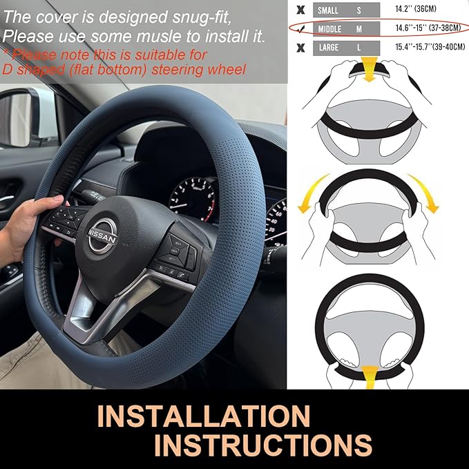 PINCTROT D Shaped Nappa Leather Steering Wheel Cover, Slim Fit No Bulk Design, One Piece Leather with Breathable Perforation, Fit Like Gloves, Flat Bottom 14.5-15 Inch(Nappa Smoky Blue)