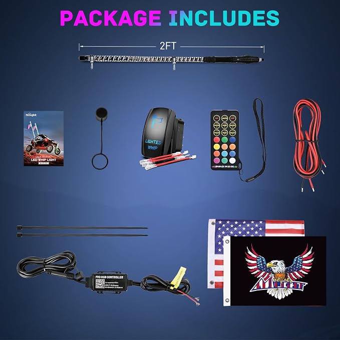 Nilight LED Whip Light 1 PC 2FT COB RGB Spiral Lighted Antenna with Spring Base, Bluetooth App & Remote Control DIY Chasing Patterns & Music Sync Safety Whips for ATV UTV RZR Polaris Can-Am Truck