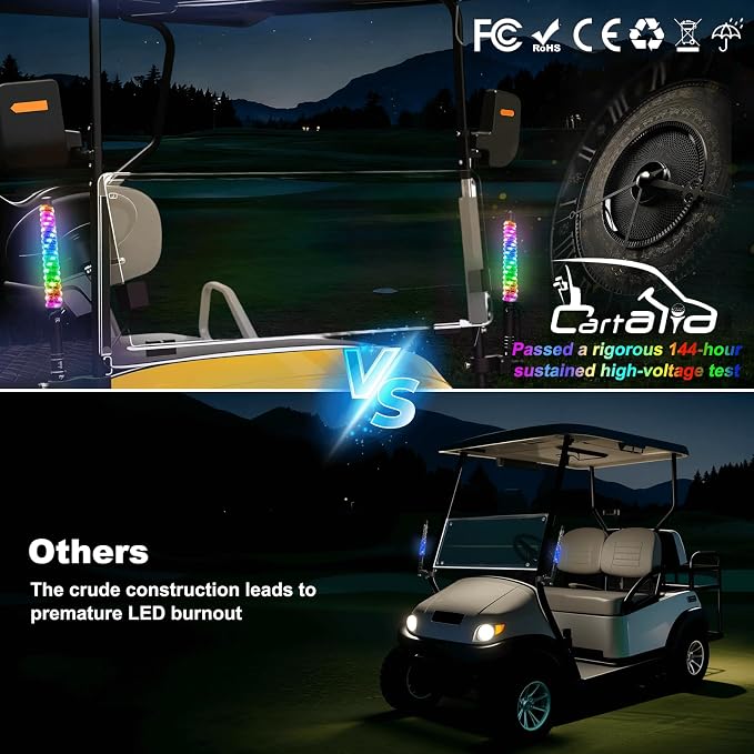 2 Pack 1FT Golf Cart Front Rail Whip Lights, LED Light Bluetooth App & Remote Control, Spiral RGB Music Chasing Lighted with Turn Reverse Brake Signal for 36V/48V/72V (Included DC Converter)