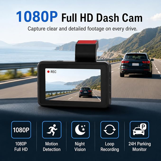 3-inch 1080p High-Definition Dashcam for Cars with Super Night Vision, 170° Large Wide-Angle, 24 Hour Recording, G-Sensor Parking Monitoring Loop Video Motion Detection