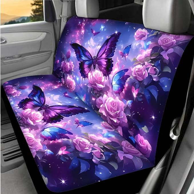 Beautiful Butterfly Roses Car Seat Cover Full Set for Women, with Car Steering Wheel Cover Auto Center Console Pad Seat Belt Pads, Automotive Interior Accessories Set of 8