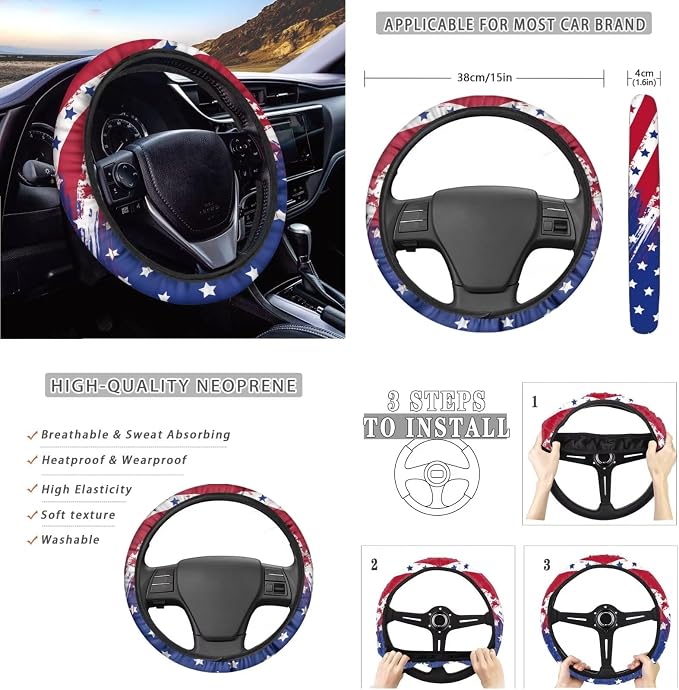 American Flag Seat Covers - 4th of July Independence Day Patriotic USA Flag Car Steering Wheel Cover, Seatbelt Armrest Pads, Coaster, Keychain - 12 Pcs Stars Stripes US Flag Car Interior Set