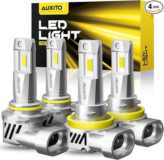 AUXITO Upgraded 9005/HB3 H11/H8/H9 Bulbs Combo, 1000% Highly Bright 6500K Cool White, Real 1:1 Mini Size, Canbus Direct Install Plug and Play, Pack of 4