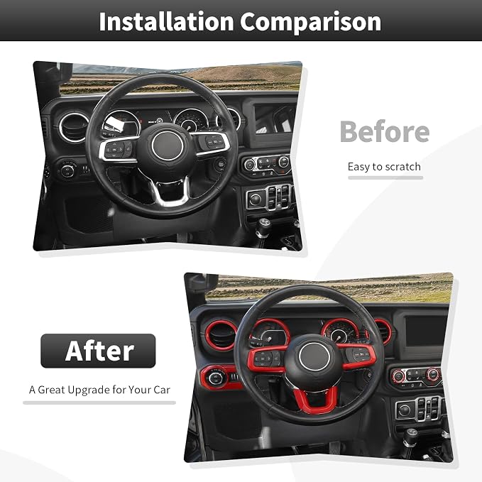 CheroCar Red 20PCS Interior Trim Kit for Jeep Wrangler JL JLU & JT Gladiator 2018-2023,Dashboard,Steering Button Frame,AC Switch,Roof Speaker,Reading Light,Headlight Switch,Rear Air Vent Trim