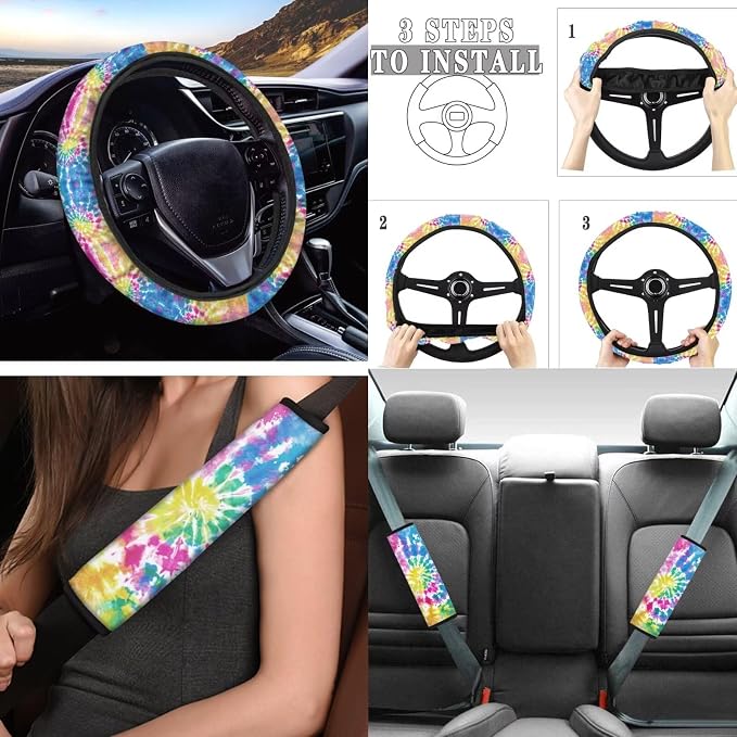Tupalatus 9 Pcs Colorful Tie-Dye Car Seat Covers Front Seats Steering Wheel Cover Auto Seat Belt Cover Gear Shift Cover Hand Brake Cover Coasters for Cup Holders Universal Fit Car Accessories