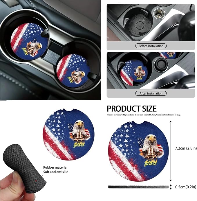 Wanyint 15 PCS Car Seat Covers Set, with Steering Wheel Rear View Mirror Seat Belt Cover Trash Bin Sunglass Pocket Coasters Key Chain US 250th Anniversary Car Accessories, American Flag Eagle Splash